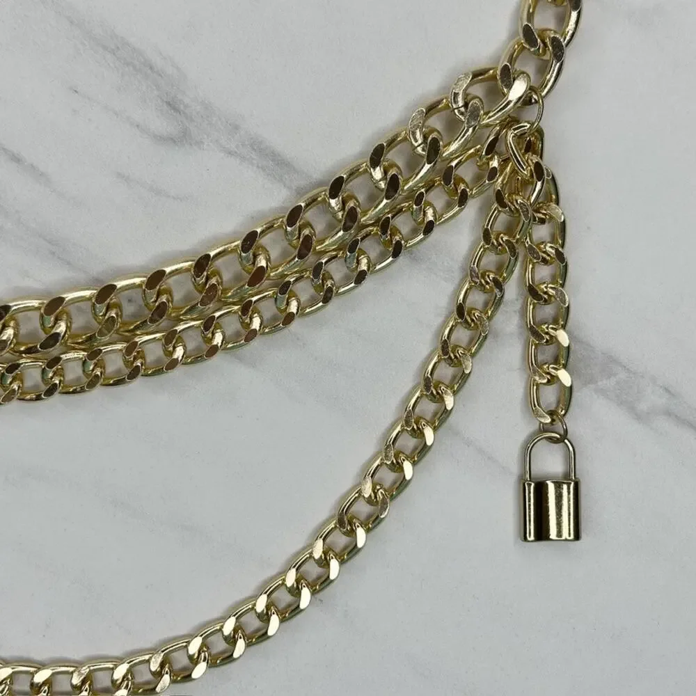 Chunky Gold Tone Chain Lock Charm Draped Belt One Size (OS) ✨